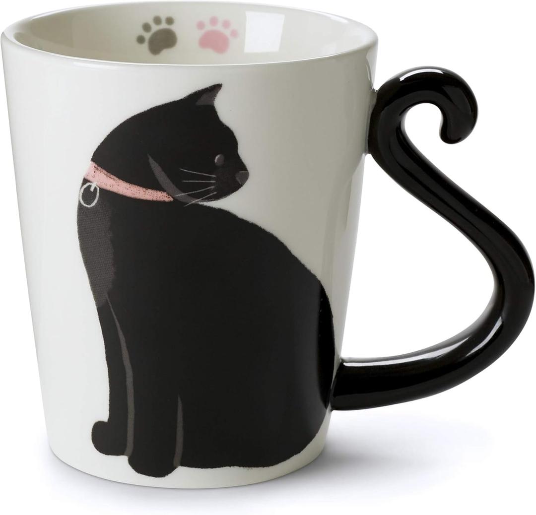 VOTUM Black Cat Coffee Mug, 12 oz Ceramic Tea Cup with Tail Handle and Paw Prints Inside  Cute Handmade Gift for Feline Lovers, Women, Men  Unique Birthday or Holiday Present (12 fluid ounces)