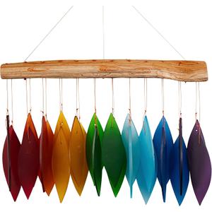 Blue Handworks Rainbow Glass Chime, Sandblasted Glass and Found Wood Handcrafted Wind Chime