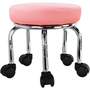 WKWKER Modern Roller Seat PU Leather Low Round Rolling Stool 360 Swivel Small Office Ottoman with Universal Wheels Foot Stool for Home Office Garage Shop Fitness Sport H12.4" Pink
