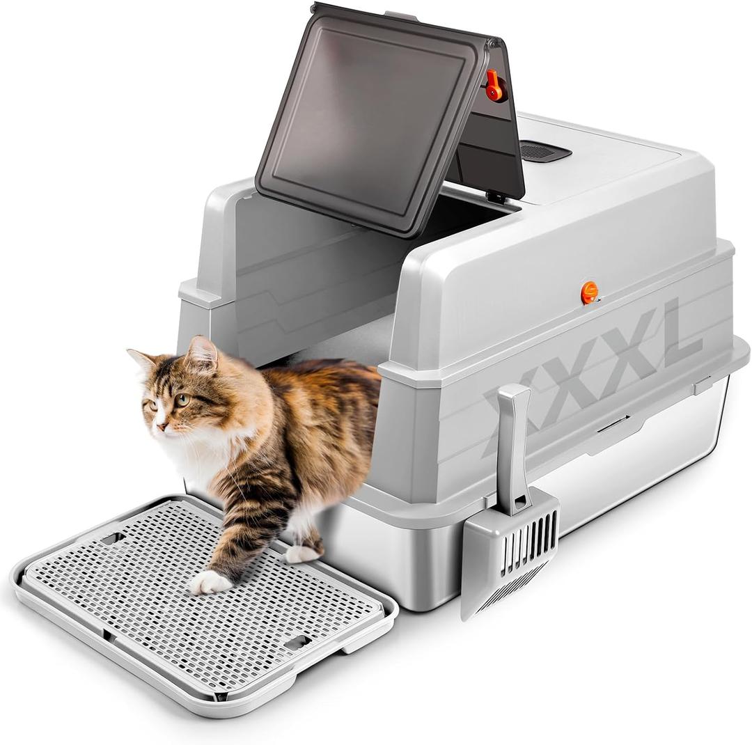 XXXL Stainless Steel Litter Box with Lid 28"x20"x17" Cat Box, Light Grey