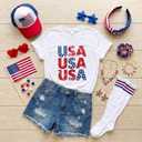 12 Pcs 4th of July Outfit Set for Women Patriotic American T-shirt Jeans Cap Headband Earrings Necklace Bracelet Stockings Sunglasses Hairband Hand Flag Beads Set for Independence Day