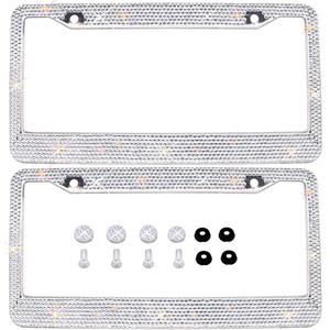Bling Bling License Plate Frames 2 Pack - Pure Handmade Waterproof Glitter Rhinestones Crystal White License Plate Frame for Cars with 2 Holes Bonus Matching Screws Caps Set