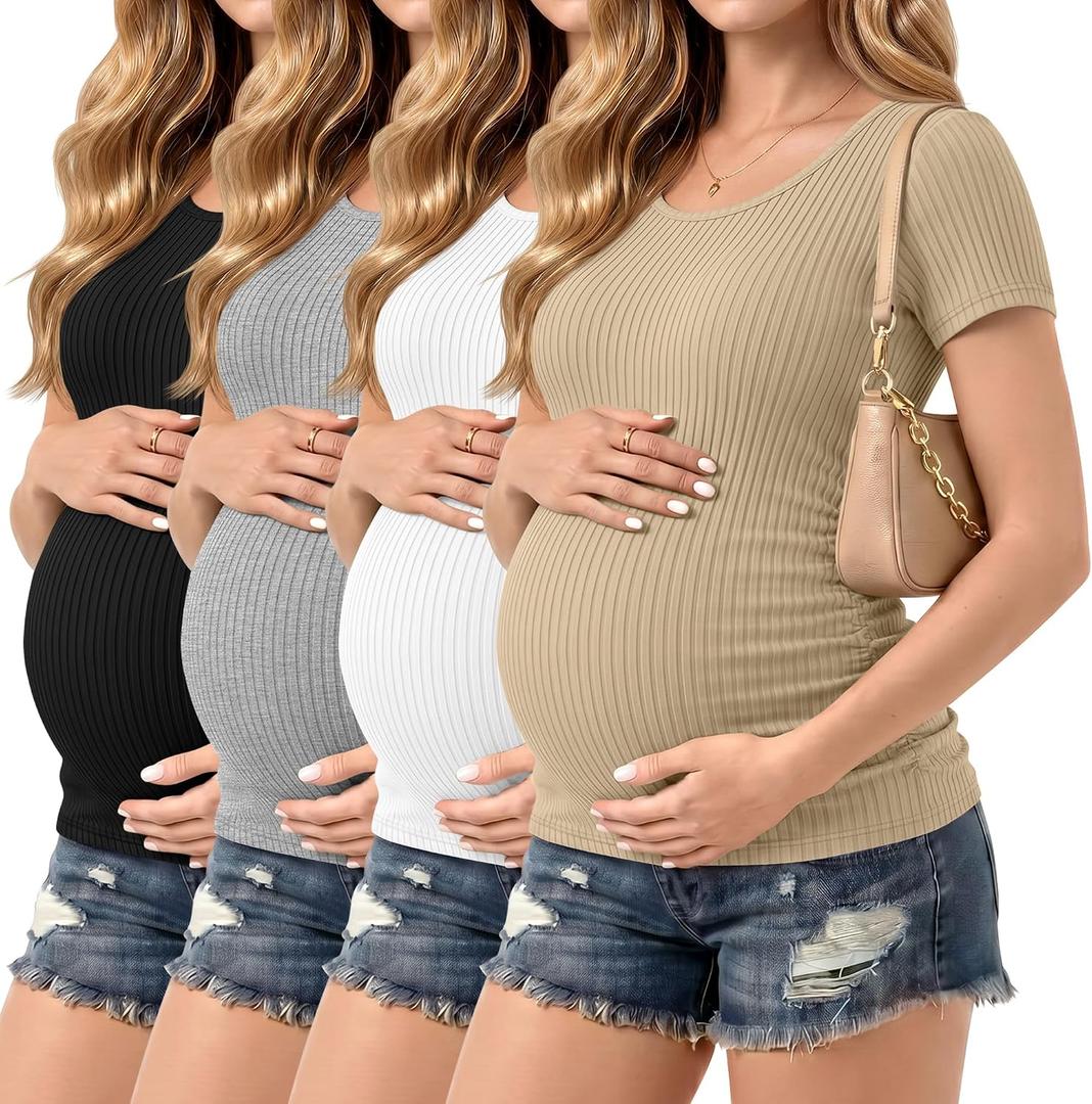 Riyiper 4 Pack Women's Ribbed Maternity T Shirts 92% Cotton Short Sleeve Pregnant Top Crew Neck Side Ruched Maternity Clothes