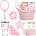 9Pcs Valentine's Day Basket Gifts for Her, Pink Woven Basket Birthday Gift Set Include Woven Basket, Cup, Earring, Flower Clip, Valentine Gift Stuffers for Mom Wife Daughter Teen Girlfriend