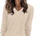 Sampeel V Neck Long Sleeve Shirts for Women Casual Fall Tops Lightweight Tunic Sweaters Fashion Clothes Loose Fit 2025 (Medium, Khaki)