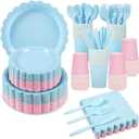 350 Pcs Baby Gender Reveal Plates and Napkins, 50 Guest Boy or Girl Gender Reveal Party Supplies Include Light Pink and Light Blue Plates Napkin Cup Plastic Spoon Fork Knive for Baby Shower
