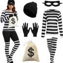 Women's Robber Costume, Thief Cosplay T Shirt, Burglar Costume Set | Striped shirt, beanie hat, socks, eye mask, gloves, Drawstring canvas purse for Halloween Cosplay Party L