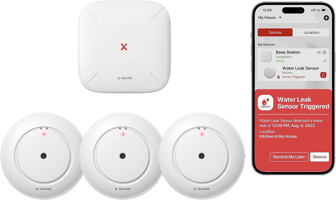 X-Sense Wi-Fi Water Leak Detector, Smart Water Sensor Alarm, Water Detector Alarm with 1700 ft Transmission Range for Kitchens, Basements, Bathrooms, 3 Water Detectors & 1 Base Station, Model SWS54