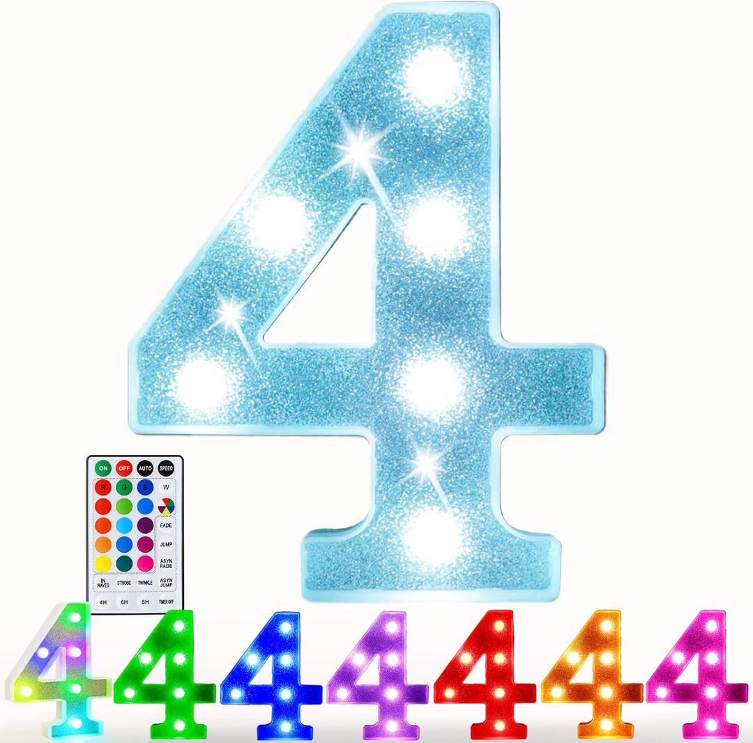 Pooqla Colorful Marquee Numbers with Remote, RGB Light Up Numbers, Glitter LED Lighted Number Lights Battery Powered, Christmas Birthday Gift Home Bedroom Wedding Shiny Party Decoration, Number 4