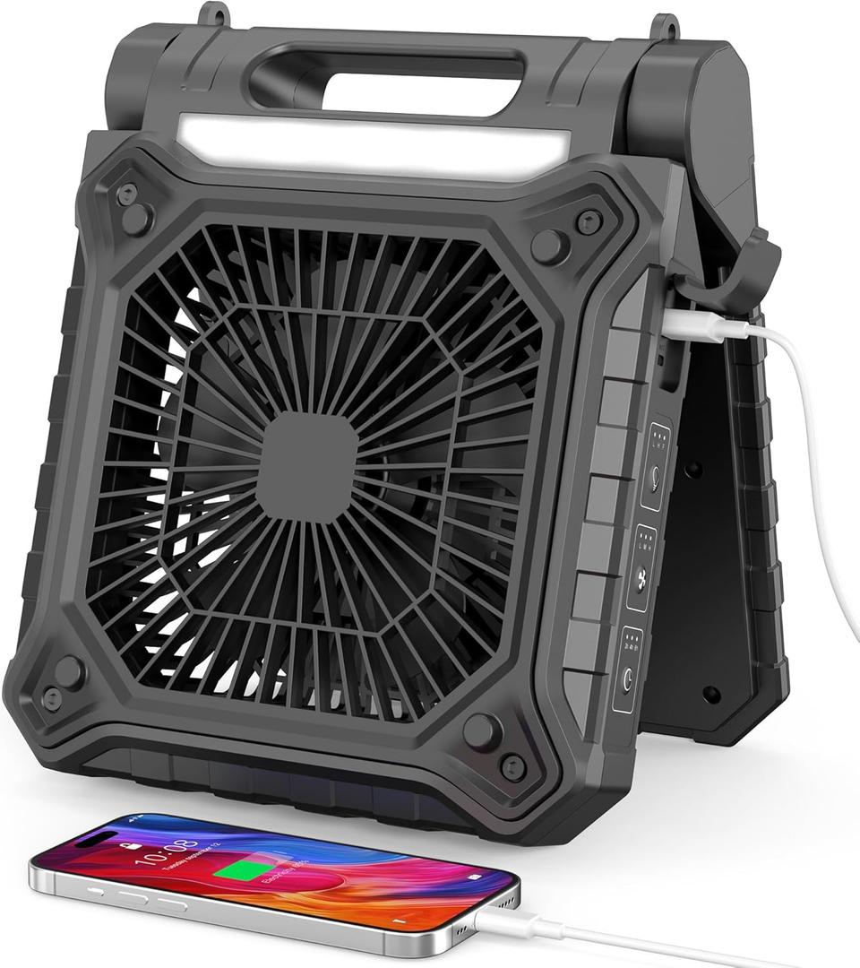 10 inch Solar Fan for Camping - Portable Rechargeable Fan with Adjustable Solar Panel, 3 Powerful Speed & Timer, Battery Operated with LED Light for Outdoor Travel Tent RV Hurricane (Black)