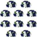 10Pcs Fake Flower Ball Arrangement Bouquet, 9.5" 15 Heads Plastic Roses with Base,Suitable for Parties Valentine's Day Wedding Centerpiece Flower Rack and Home Dcor (Navy Blue & White)