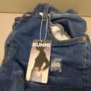KUNMI Women's Ripped Mid Waisted Boyfriend Jeans Loose Fit Distressed Stretchy Denim Pants, Large