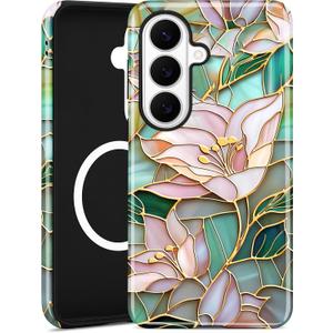 Compatible with MagSafe Case for Samsung Galaxy S23 Ultra, Cute Aesthetic Stained Glass Lily Flower Magnetic Design Phone Case, Soft TPU and Hard PC Protective Phone Cover for Women Girls