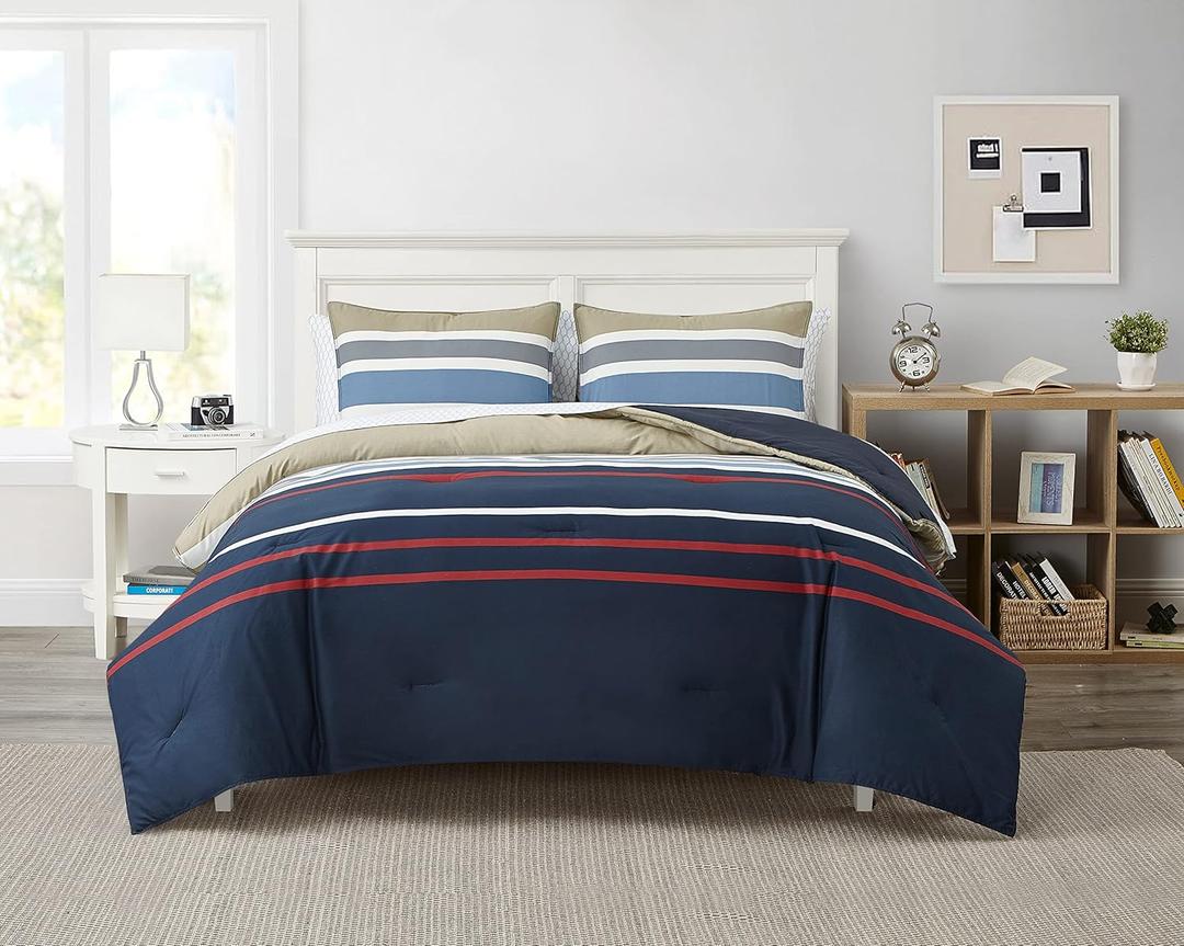 Nautica - Queen Comforter Set, Cotton Bedding with Matching Shams, Striped Home Decor (Bradford Navy/Beige, Queen)