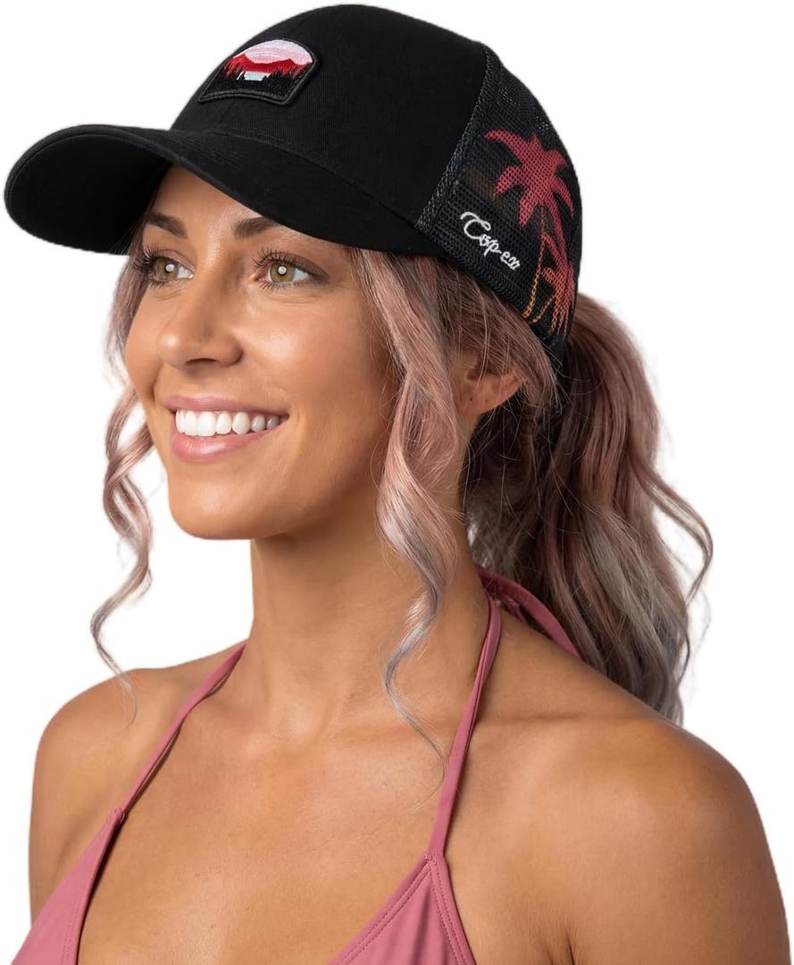 TOP-EX Ponytail Snapback Trucker Cap Women, UPF50+, Midnight Palm Black S/M