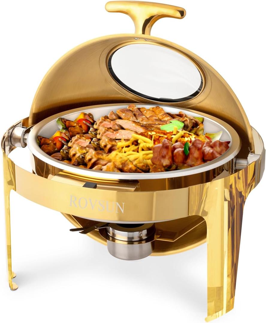 ROVSUN 6 QT Chafing Dishes for Buffet, Roll Top Chafing Dish Buffet Set, Stainless Steel Buffet Warmer Chafers and Buffet Warmers Sets for Catering Events Parties Weddings Dinners,Gold