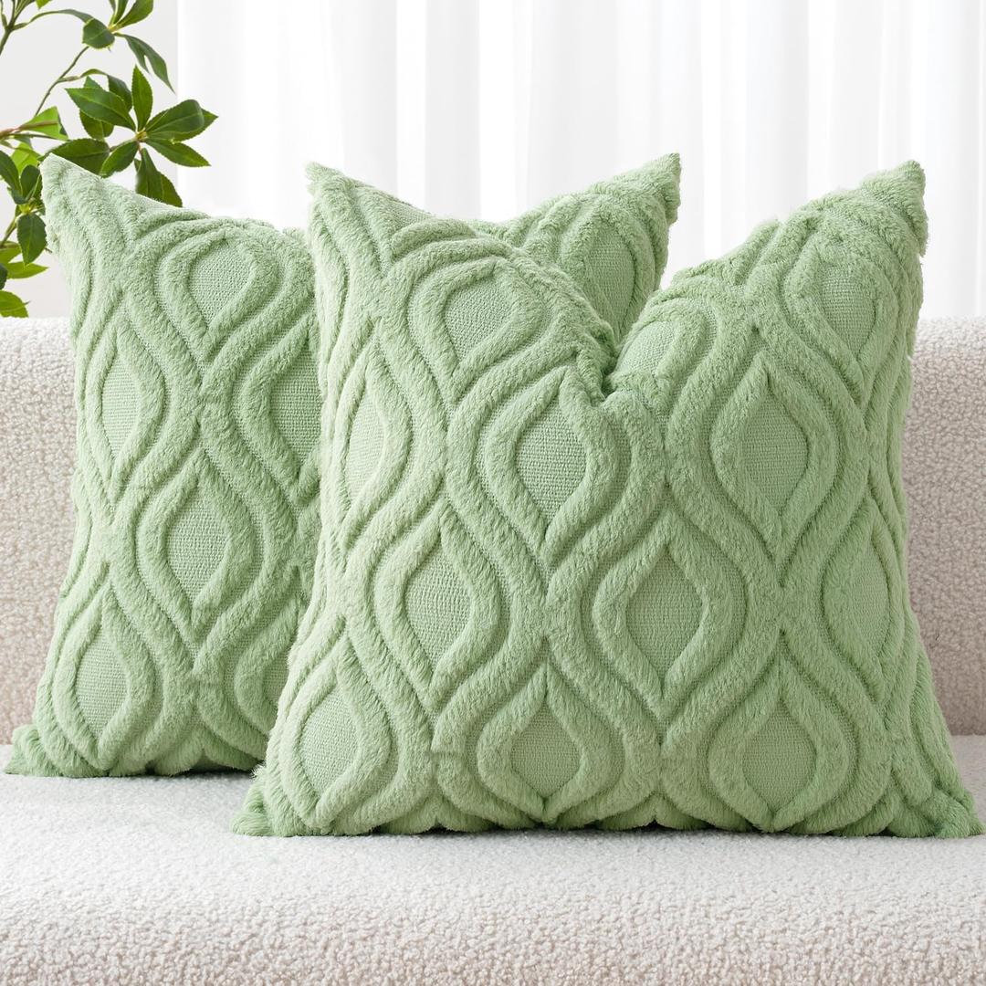 MIULEE Sage Green Throw Pillow Covers 18x18 Inch, Soft Spring Plush Faux Wool Couch Pillow Covers Set of 2 Decorative Farmhouse Boho Throw Pillows for Sofa Living Room Bed