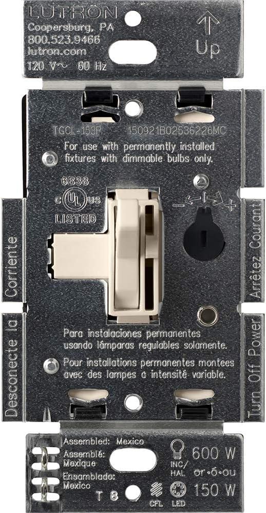 Lutron Toggler LED+ Dimmer Switch for Dimmable LED, Halogen and Incandescent Bulbs, 150 Watt, Single-Pole or 3-Way, TGCL-153PH-LA, Light Almond