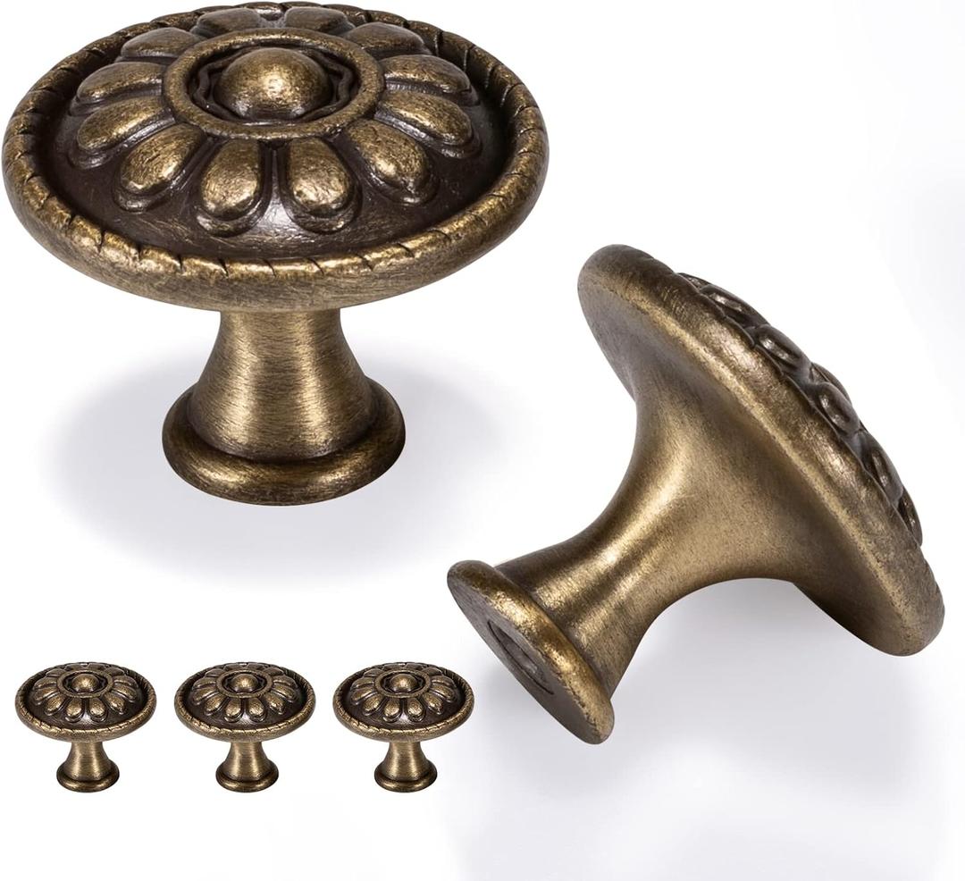 5 Pack Antique Brass Cabinet Knobs, Vintage Knobs for Drawers, Solid Brass Pulls, Round Single Hole Furniture Hardware, Diameter-1.18in