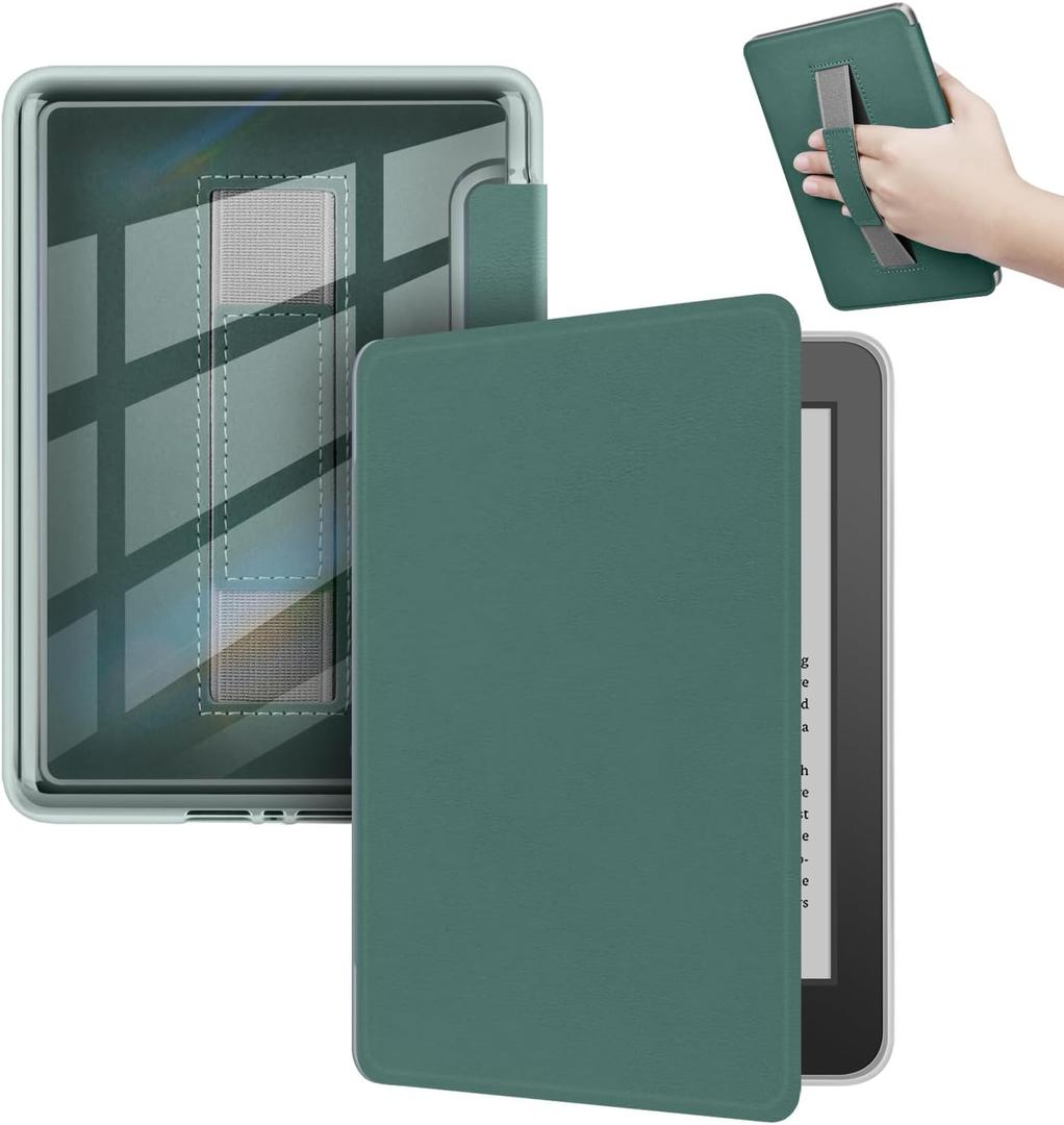 Case for Kindle Paperwhite 12th Generacin 2024 7" & Kindle Colorsoft Signature Edition 7", with Stickers, PU Cover + Transparent TPU Hard Back with Hand Strap, Auto Sleep/Wake, Dark-Green
