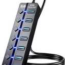 USB 3.0 Hub, PANPEO 7-Port USB Data Hub Splitter with 3ft Long Cable USB Extension for Laptop,PC Computer,Surface Pro, PS4/5, Flash Drive, Mobile HDD - with LED Individual On/Off