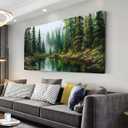 TEKMENT Green Forest Wall Art for Bedroom Oil Painting Prints Canvas Beautiful Mist Pine Woods Landscape Teal Lake Art Deco Nature Artwork Office Family Decor, 40"L x 20"W