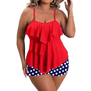 B2prity Women Plus Size Tankini Swimsuits Tummy Control Two Piece Bathing Suit Ruffled Flounce Swimwear with Shorts (Red, 3XL)