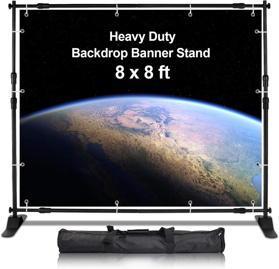AkTop 8x8 ft Heavy Duty Backdrop Banner Stand Kit
Adjustable Photography Step and Repeat Stand for Parties, Portable Trade Show Photo Booth Background with Carrying Bag