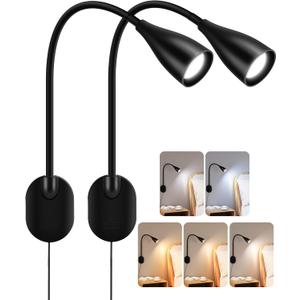Wall-Mounted LED Bedside Reading Light with USB Charging Port, 10-Level Dimmable & Adjustable 5 Color, Plug-in Adhesive Night Lamp for Books in Bed, Eye-Caring Bedroom Lighting (Black 2 Pack)