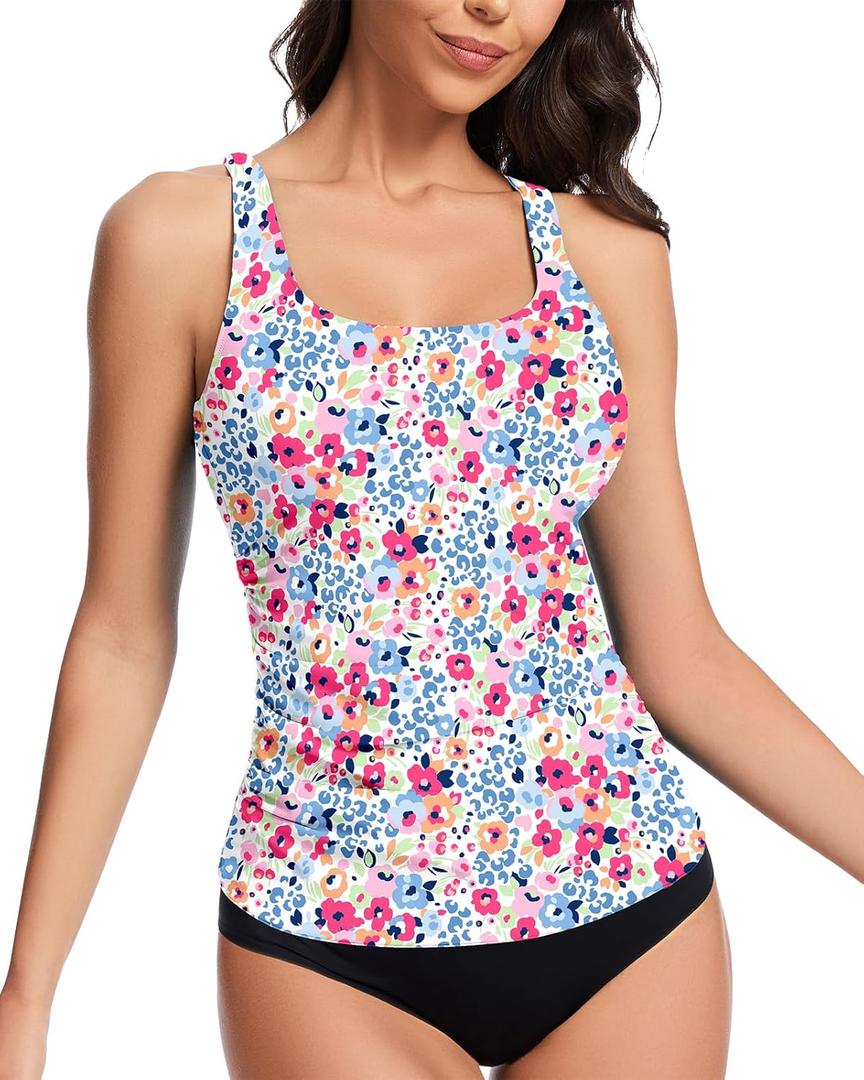WOWENY Womens Swim Tankini Tops Only Bathing Suit Tops Slim Fit Swimwear UPF 50+ Ruch Tummy Control Swimsuits No Bottom (Large, Animal Floral-2272)