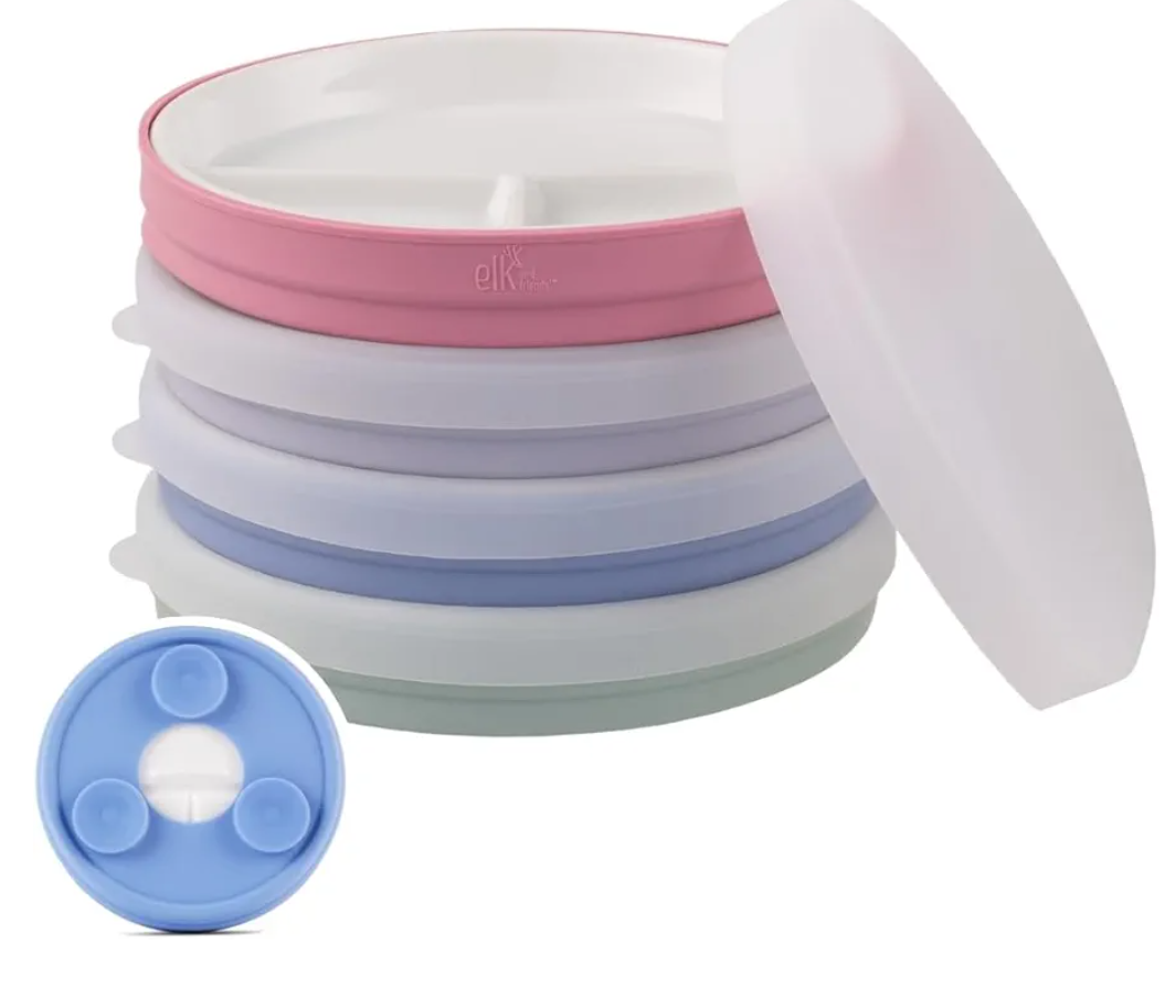 Elk and Friends Kids 6.7” Porcelain Divided Plates with Silicone Suction Sleeves + Silicone Lids | Suitable for Babies/Kids/Toddlers | Microwave & Dishwasher Safe | Non Slip | Snack Dishes | 4 Pack______ MISSING 2 LIDS