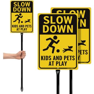 GicnKeuz Slow Down Kids At Play Sign - 14"x10" Kids And Pets At Play Safety Signs with 36" Heavy Duty Metal Stakes, .040 Aluminum Reflective Signs, Fade Resistant/Waterproof, Including Screws, Easy to Install, Outdoor Use (2 Pack)