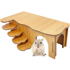 Hamiledyi Hamster Hideout with Ladder Dwarf Hamster Wooden Maze Tunnel Platform Multi Chamber Exploring Toy Habitat Decor for Gerbil Syrian Mouse Brown