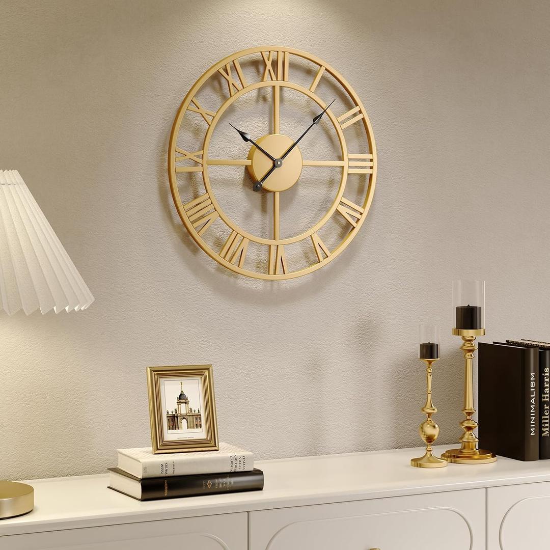 Gold Wall Clock 16 Inch Metal Decorative Clock for Living Room, Battery-Operated Completely Silent Non Ticking Round Modern Wall Clock -Roman Number