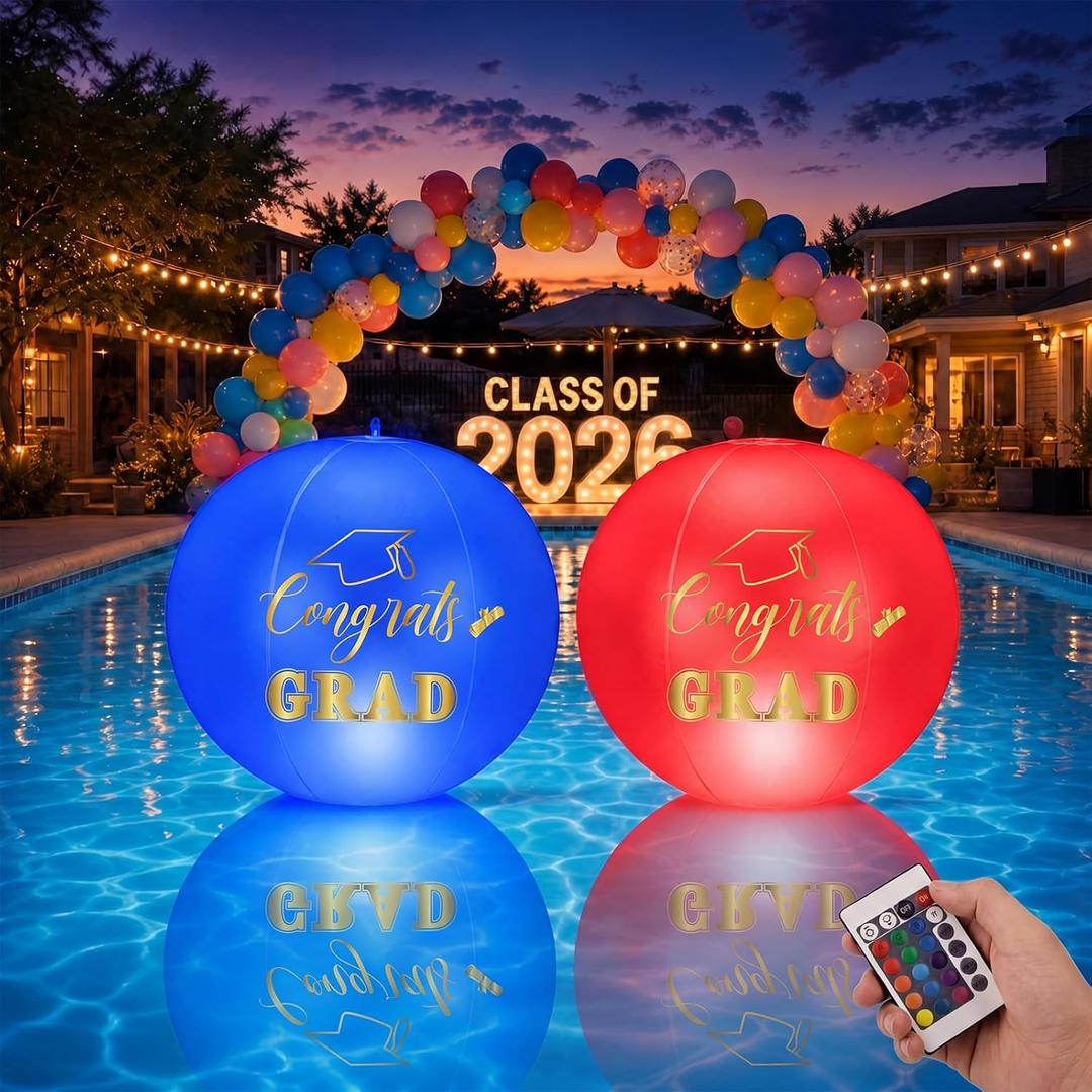 2 Pack Graduation Pool Party Decorations 14" Solar Pool Floating Lights Solar Powered 16 Color Changing Congrats Grad PVC Waterproof Inflatable Ball for Class of 2026 Swimming Prom Grad Party(Blue)