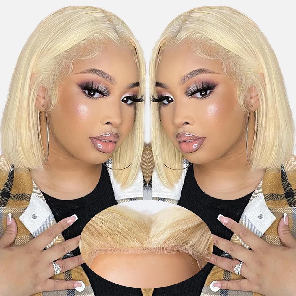 EAGERA Blonde Bob Glueless Wig Human Hair Pre Plucked Pre Cut 14 Inch 7x5 Blonde HD Lace Closure Wig 613 Pre Bleached Wear and Go Wig Short 613 Bob Glueless Wig Human Hair 200% Density for Women