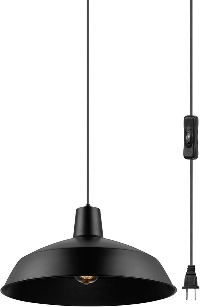 Globe Electric 65151 1-Light Plug-in Pendant Lighting, Matte Black, 15ft Cord, in-Line On/Off Switch, Adjustable Height, Hanging Ceiling Light for Apartments and Rental, Home Decor, Vintage