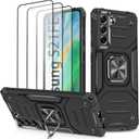 Case for Galaxy S21 FE 5G with 3 Pcs Tempered Glass Screen Protector, Military-Grade Built in Magnetic Ring Kickstand Dual Layer Hybrid Shockproof Aromr Rugged Case for Galaxy S21 FE 5G - Black