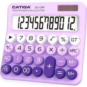 CATIGA Mechanical Switch Calculator with Solar and Battery Dual Power, 12-Digit Large LCD Display, Aesthetic and Cute Desktop Calculator with Big Button, for Home, School and Office Use, SD-1299 (Z) Lavender)