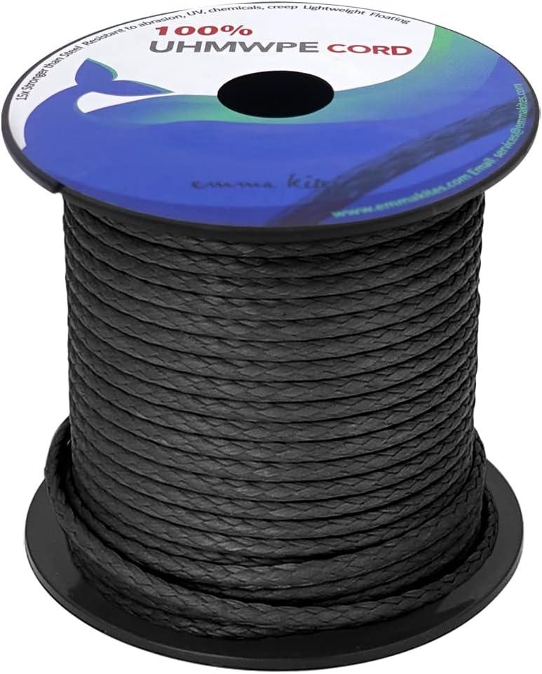 emma kites 100% UHMWPE Braided Cord 7/64~3/16"(Dia.) Heavy Duty Abrasion Resist. Low Stretch Utility Cord for Kites Surfing Whoopie Rigging Spearfishing Kayak Survival Repair, 1600~5500Lbs Spool (1/8" x 100Ft, Black)
