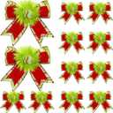 12 Pcs Red Green Christmas Bows Christmas Tree Decoration Lime Green Wreaths Velvet Bow Tree Topper with Fluffy Ornaments for Xmas Party (Classic)