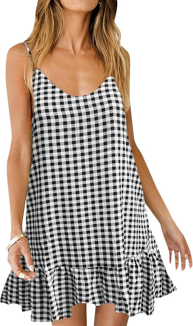 Qearal Womens Sundresses Boho Floral Printed Dress Summer Sleeveless Beach Mini Dress with Pockets (Plaid, Large)