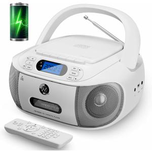 CD Cassette Player Combo, Hernpark Rechargeable Boombox with Bluetooth 5.1, CD Player with Remote Control, Tape Recording, FM Radio, Super Bass, Stereo Sound, Aux/USB Drive, Headphones Jack -White