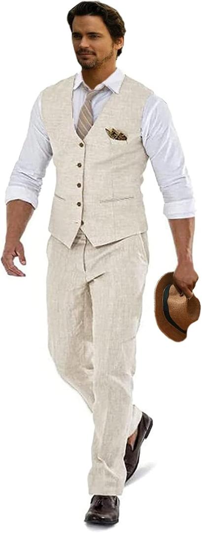 Furuyal Men Suit Casual Wedding Suits Linen Suits for Men 2 Piece Suits Groomsmen Tuxedos Summer Beach Prom Vest and Pants Set Beige-XL