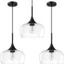 3 Pack 1 Light Hanging Indoor Kitchen Island Pendant Ceiling Light Fixture,10" Clear Drum Glass ShadeBlack Finish Modern Farmhouse Dinning Over Sink