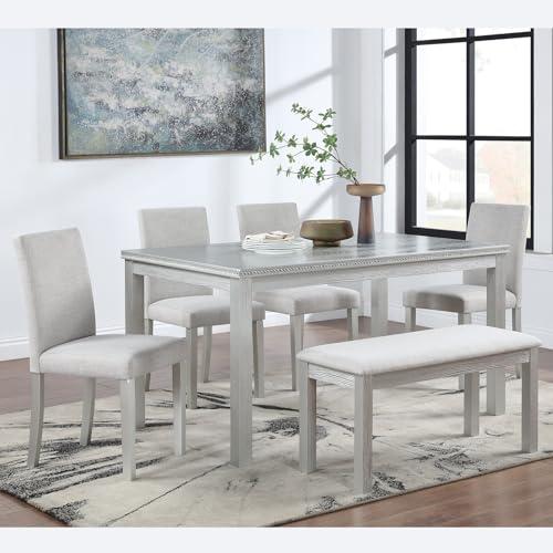Ball & Cast 6 Piece Dining Table Set,Kitchen Table Set for 6 W/ 58.5" Rectangular Wooden Dining Table,Living Room Furniture W/ 4 Upholstered Chairs & 1 Bench,for Dining Room,Kitchen,Silver Grey