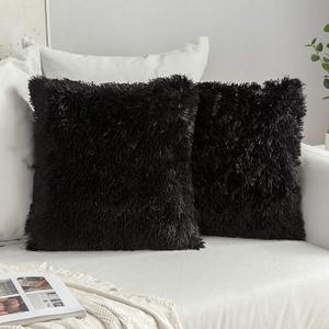 MIULEE Pack of 2 Luxury Faux Fur Throw Pillow Cover Deluxe Winter Decorative Plush Pillow Case Cushion Cover Shell for Sofa Bedroom Car 24 x 24 Inch Black