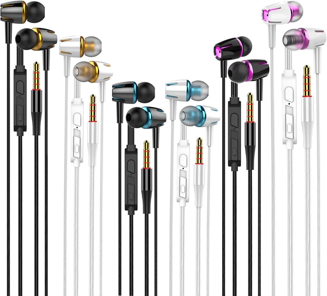 6Pack Earbuds Headphones Wired with Microphonein-Ear Earbuds,Noise Isolating,Powerful Heavy Bass, Earphones Compatible with iPhone, iPod, iPad, MP3, Laptops, and Most 3.5mm Jack