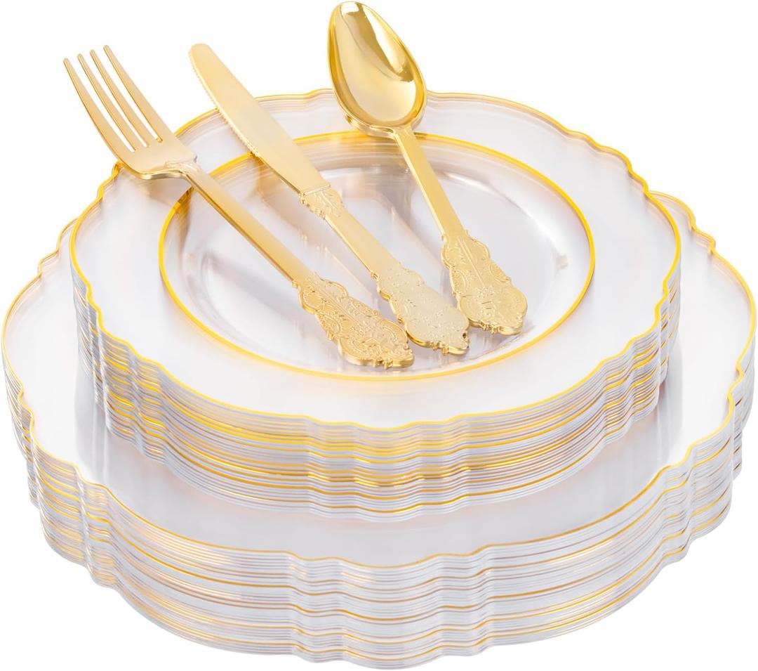 YOUBET 125PCS Thanksgiving Plastic Plates - Clear Gold Disposable Plates - 25 Guests Baroque Plastic Dinnerware Includes 25Dinner Plates, 25Dessert Plate, 75Silverware for Party & Wedding