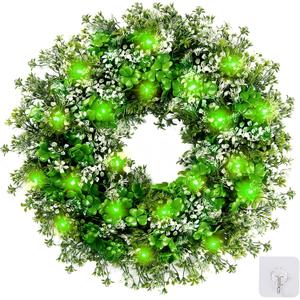 Sggvecsy 17.7 St. Patrick's Day Shamrocks Wreath for Front Door with 30 Green Lights Artificial Greenery Clover Wreath for Irish St. Patrick's Day Decoration Wall Window Outdoor Indoor Home Decor
